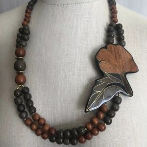 Boho Wood Gold Inlay Statement Pendant Necklace Artisan Flower Leaves Beads 26"